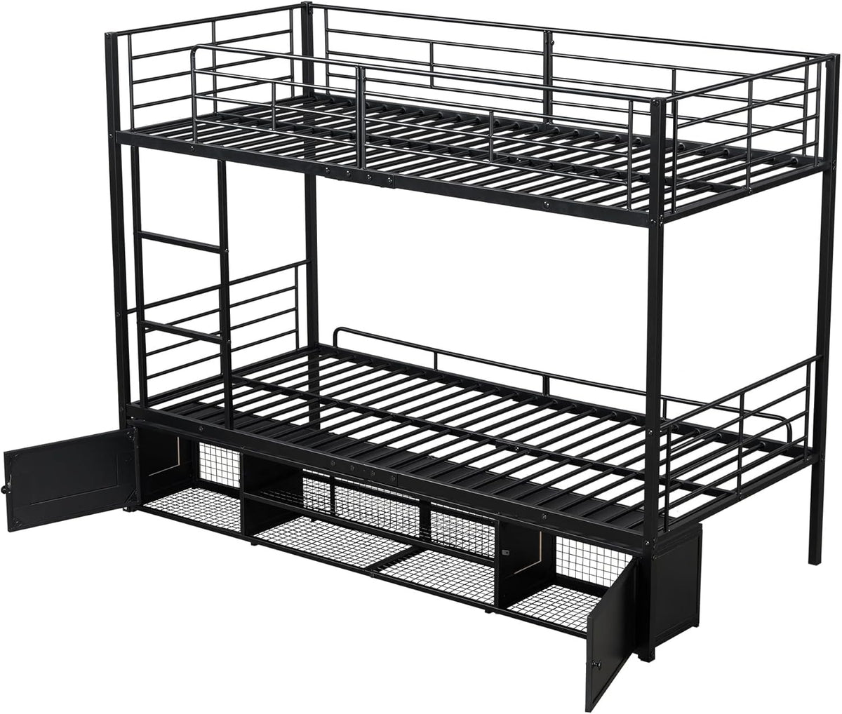Litera cama infantil 90x200 cm, estructura de cama de metal con zapatero abierto y 2 armarios de almacenamiento con puertas, litera cama alta cama de hierro para niños, adolescentes y adultos, negro