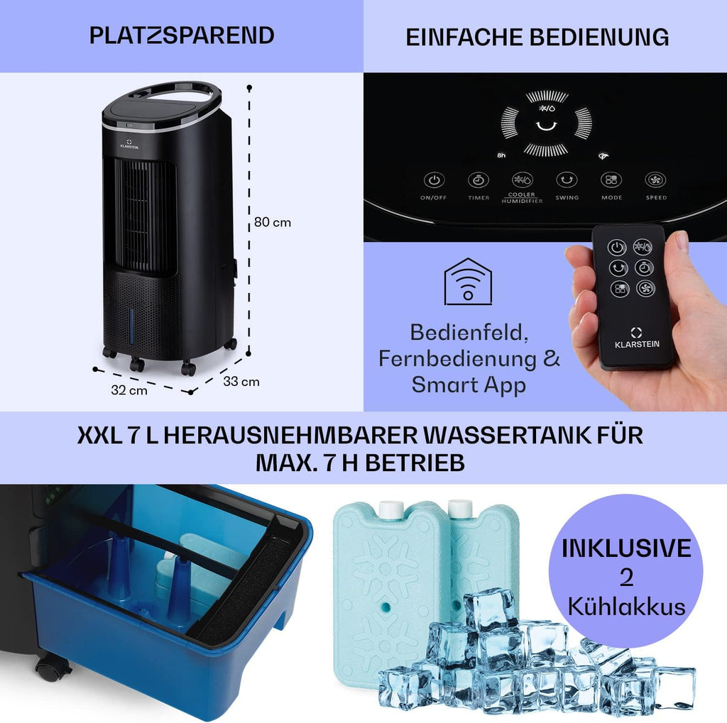 Enfriador de aire Klarstein con refrigeración por agua, enfriador evaporativo 4 en 1 silencioso, humidificador, ventilador y modo nocturno, aire acondicionado portátil de 7 L, enfriador de aire de 65 W, flujo de aire refrigerante de 330 m³/h