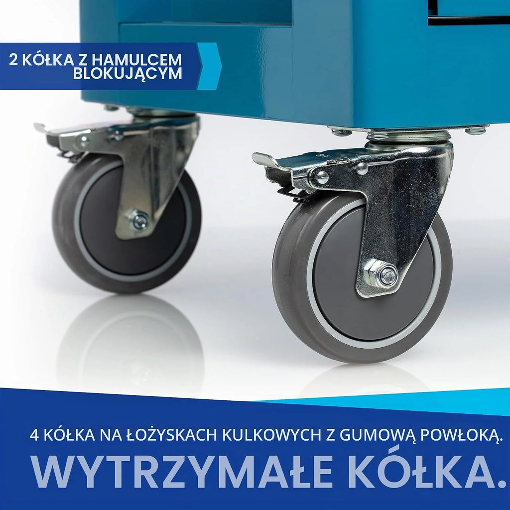 Wózek warsztatowy ze skrzynką narzędziową z narzędziami i wkładkami piankowymi z 7 szufladami, z czego 6 z narzędziami, wypełnione szufladami z miękkimi wkładkami z efektem