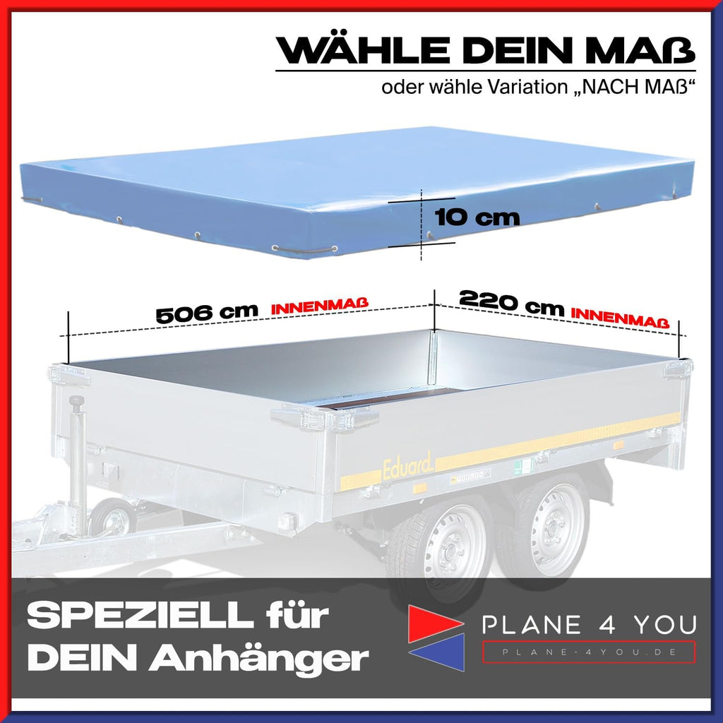 Eduard Lona para remolque de calidad superior - 506 x 220 cm - Dimensiones interiores - Lona azul lacada brillante - Lona plana para remolque de coche - Lona de PVC impermeable con accesorios