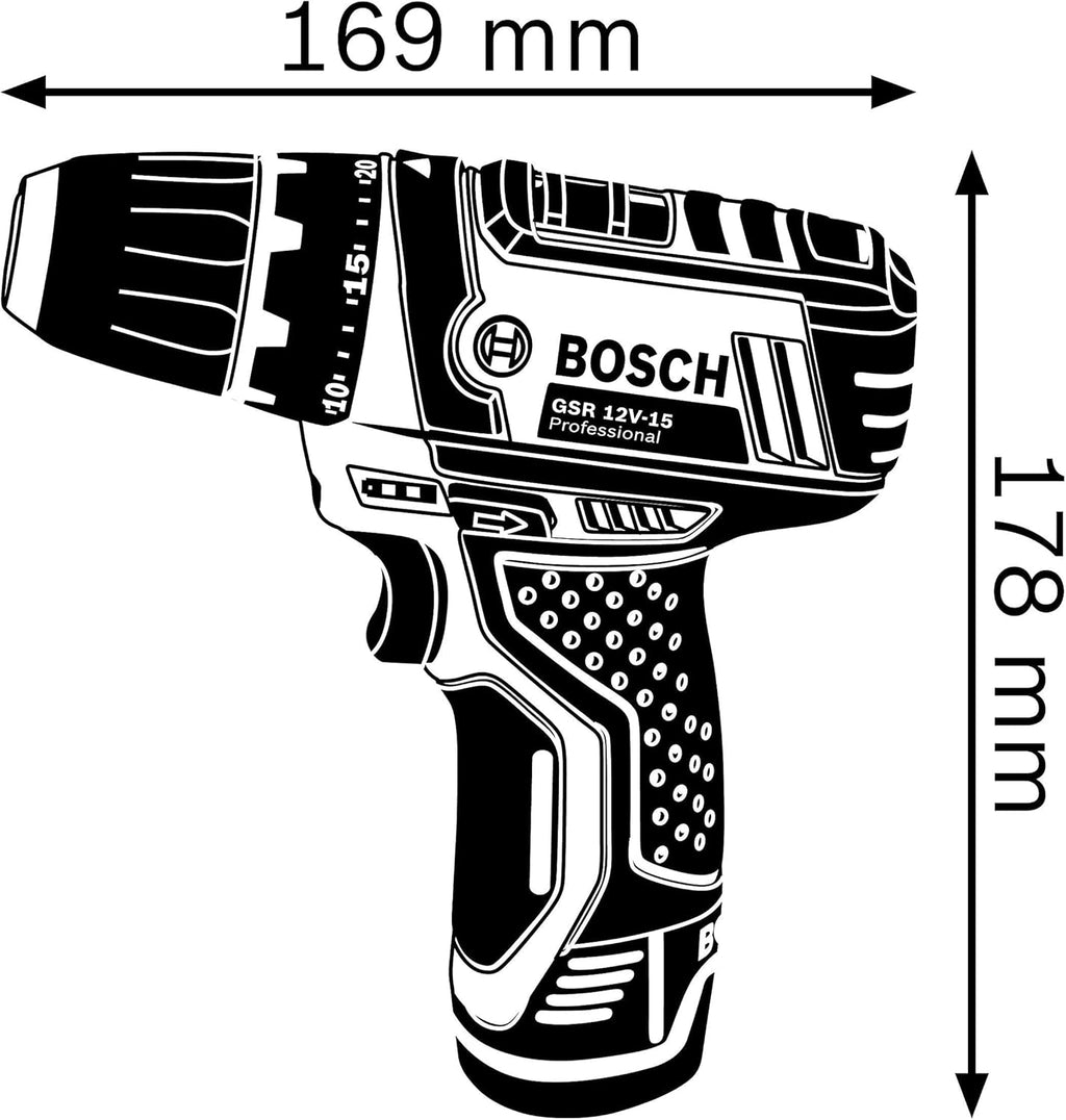 Taladro atornillador a batería Bosch Professional 12V System GSR 12V-15 (incluye 2 baterías de 2,0 Ah, cargador, set de 39 accesorios, bolsa de herramientas) - Exclusivo de Amazon