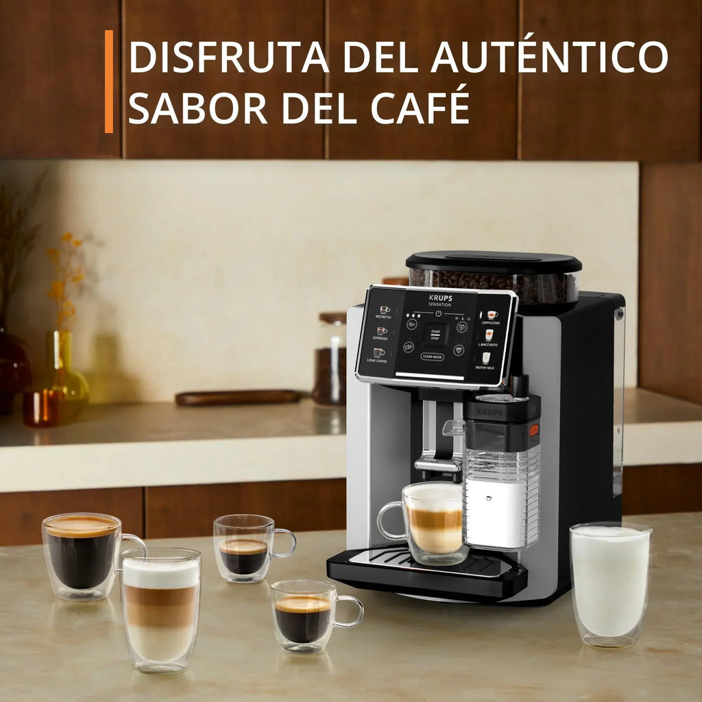 2025 Krups Essential - Cafetera superautomática, 15 bares de presión, molinillo cónico de metal, con selección de cantidad e intensidad de café, 1,7 l, 1 taza, acero, pantalla LCD + accesorios para leche