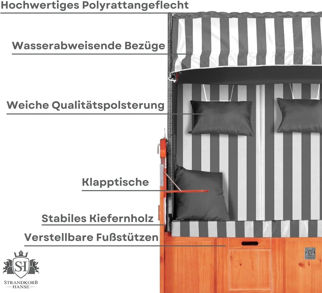Strandkorb Hanse Ostsee 2,5 plazas Klassik XXL, 160 cm de ancho - Reclinable, ya montado, incluye ruedas para strandkorb, ideal para el hogar, balcón y terraza
