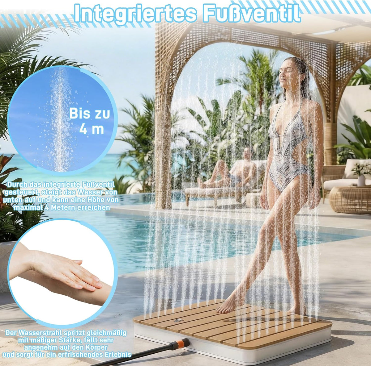 Ducha de jardín UISEBRT, ducha exterior de WPC y aluminio - Ducha de suelo móvil, ducha solar, ducha de camping - Altura de fuente ajustable hasta 4 m - Para piscina, jardín, terraza (cuadrada - marrón)