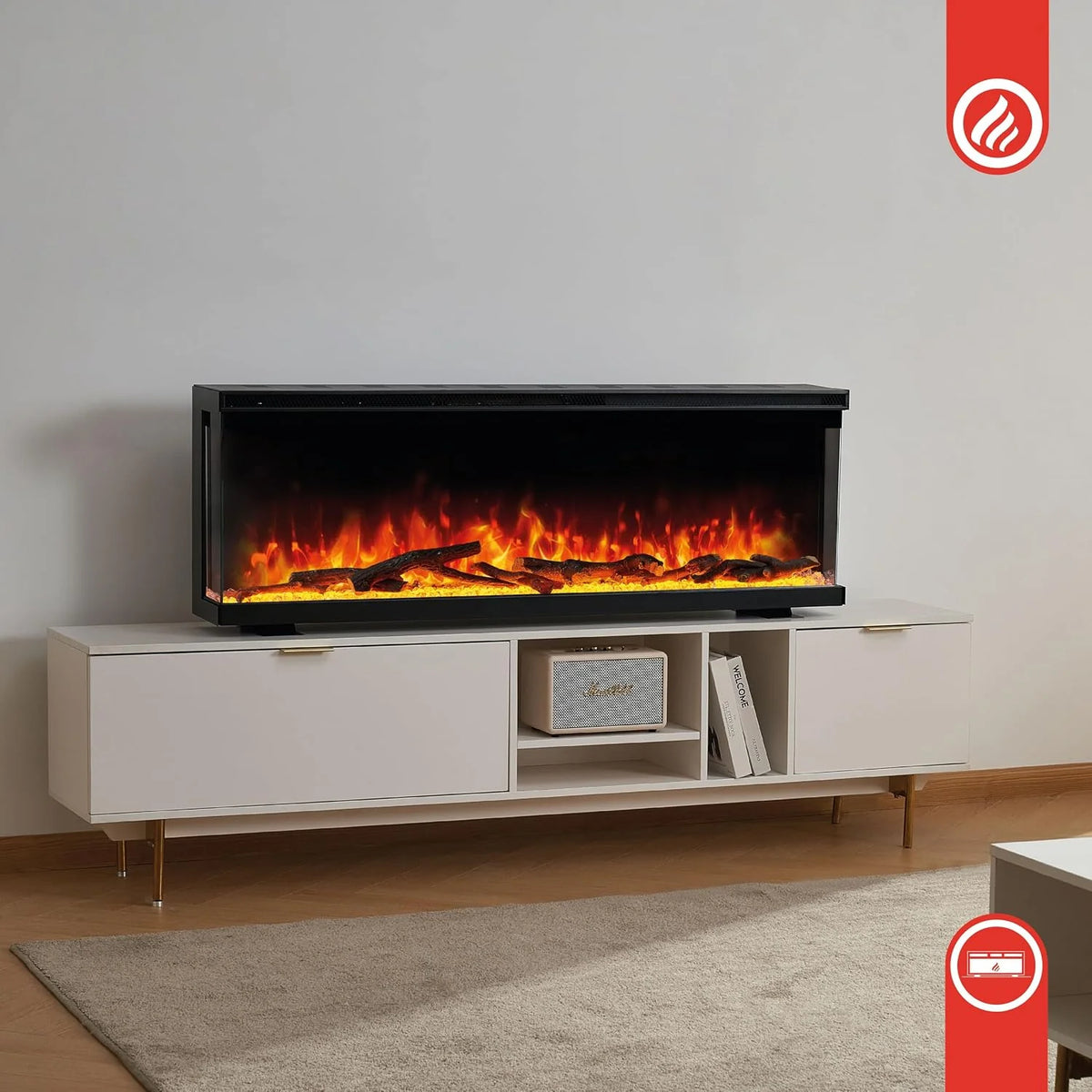 KAMINIO Kominek elektryczny LEA - Elektryczny kominek 3-w-1 z panoramicznym widokiem, ogrzewaniem, efektem 3D płomieni, 12 kolorami płomieni (42 cali)
