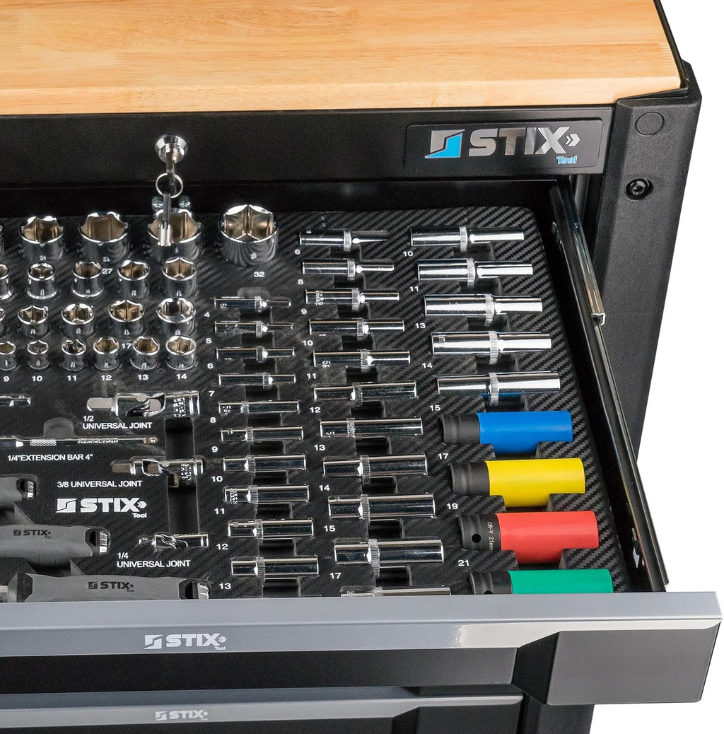 Stix UltimatePro C7/TS1 - Carro de herramientas con 267 piezas de Cr-V - Juego de herramientas, carro de herramientas con ruedas, cajones con rodamientos de bolas, encimera de madera