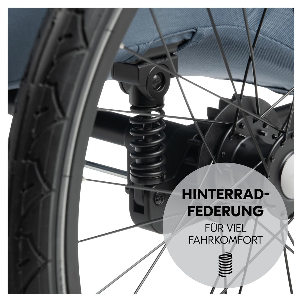 hauck Remolque de bicicleta y cochecito Dryk Duo Plus con suspensión, para 2 niños (6-48 meses), incluye barra de tiro, rueda de cochecito, bandera y luz LED, plegable, altura ajustable, maletero XL (verde oscuro)