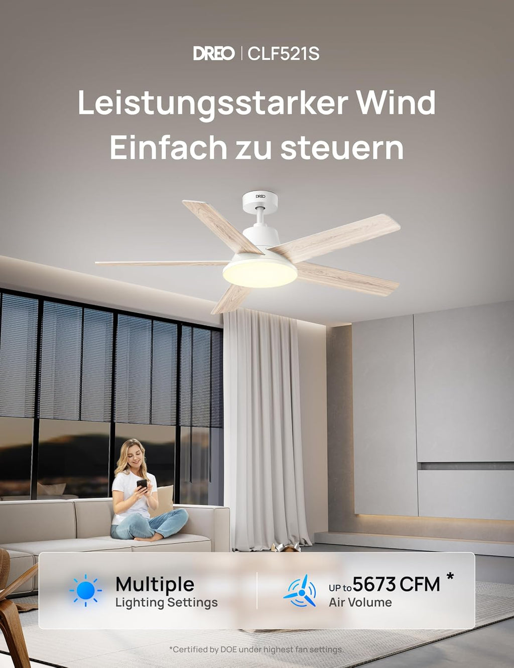Ventilador de techo inteligente DREO con luz, 132 cm, 12 velocidades, 3 modos, iluminación LED de intensidad regulable, motor CC silencioso, temporizador de 12 horas, control remoto/APP/Alexa, para interiores, blanco