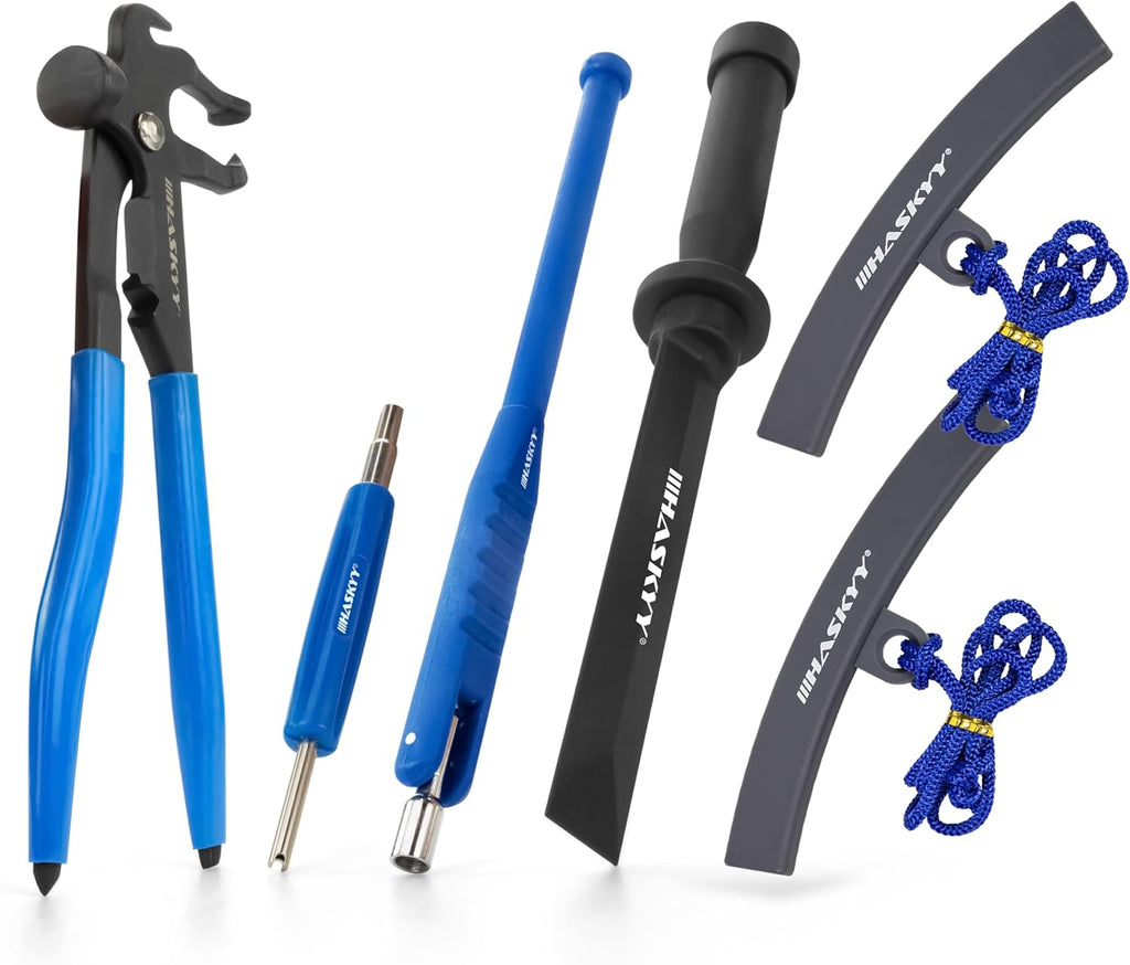 Kit de herramientas y accesorios para montaje de neumáticos (contrapeso, rascador, decapante, extractor de obús, tiraválvulas, alicate para contrapesos), azul