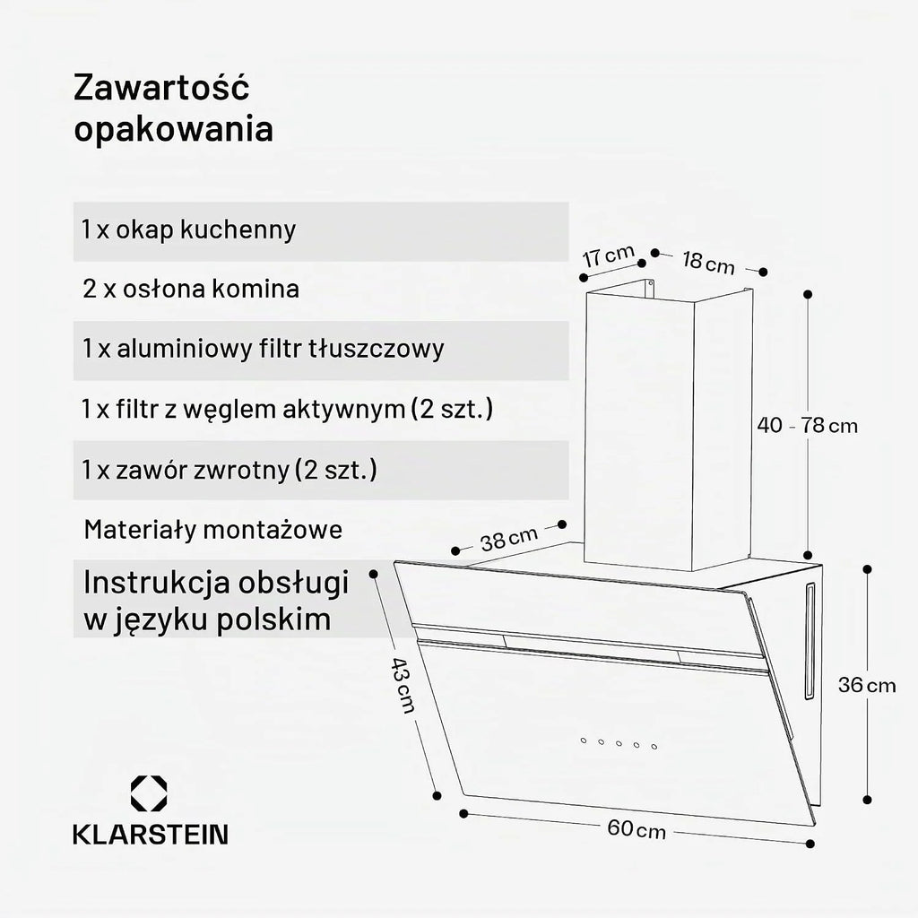 Klarstein Alina Okap kuchenny przyścienny – 60 cm, przepływ 600 m³/h, klasa energetyczna A, sterowanie dotykowe, podświetlenie LED w 9 kolorach, cichy 52 dB, czarny, tryb wyciągu i recyrkulacji