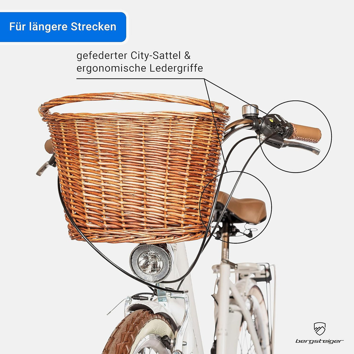 Bergsteiger Marseille 26, 28 pulgadas, bicicleta de paseo para mujer, a partir de 150 cm, cesta de mimbre, luz para bicicleta, bicicleta urbana para mujer, bicicleta de mujer con diseño retro, cambio Tourney de 6 velocidades, cambio de marchas por cadena