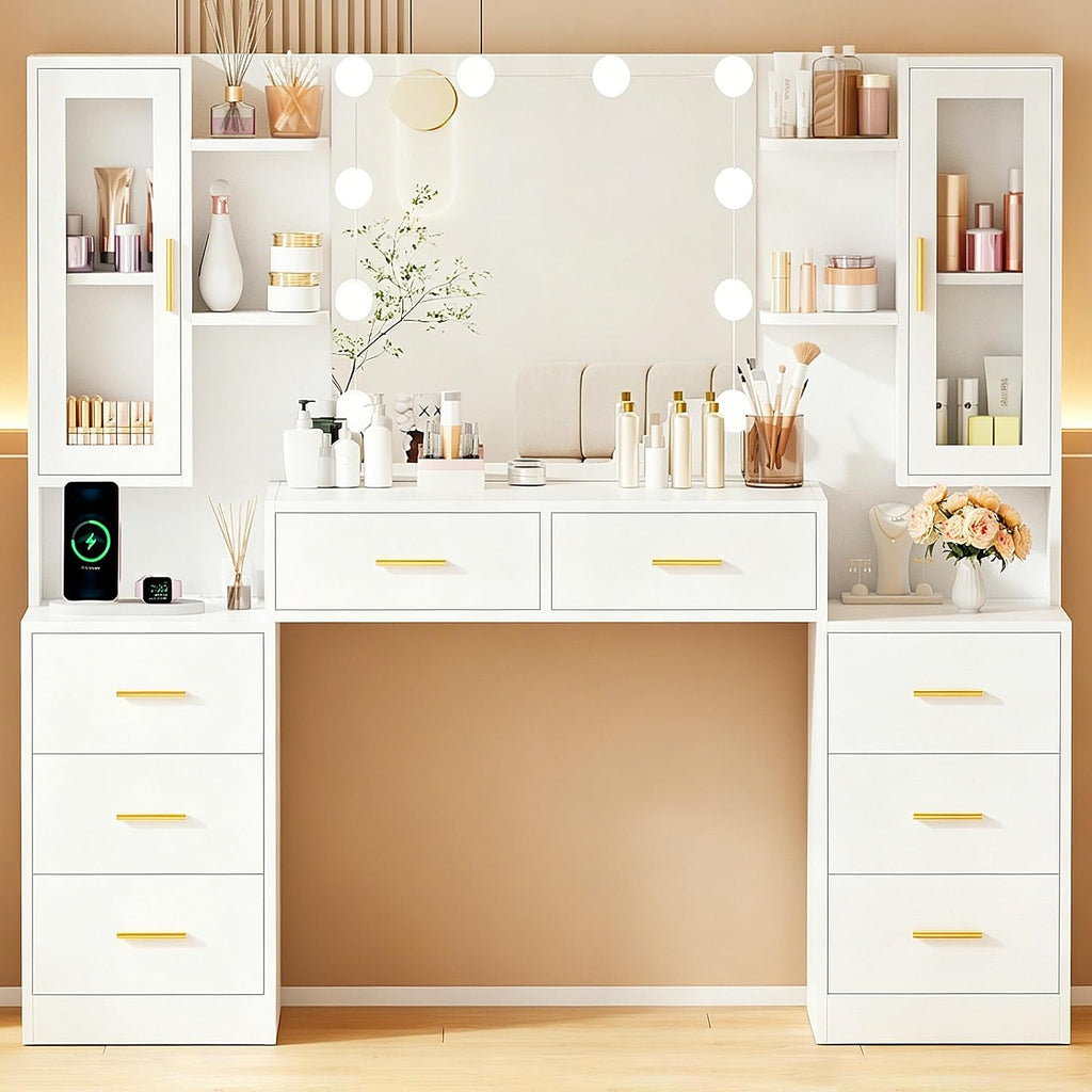 ANWBROAD 150cm Tocador grande con iluminación LED ajustable de 3 colores y enchufes, tocador moderno con espejo, 8 cajones, 6 estantes abiertos, mesa de maquillaje blanco BDT67W