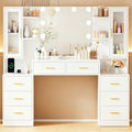 ANWBROAD 150cm Tocador grande con iluminación LED ajustable de 3 colores y enchufes, tocador moderno con espejo, 8 cajones, 6 estantes abiertos, mesa de maquillaje blanco BDT67W