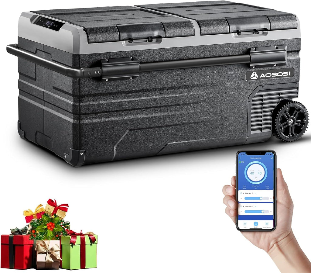 Nevera portátil con compresor de doble zona AAOBOSI 95L, nevera para coche con control por APP WIFI, puerto USB, 12/24 V y 100-240 V, nevera con compresor de -20 °C a 20 °C para coche, camión, barco, autocaravana, camping, puerta doble
