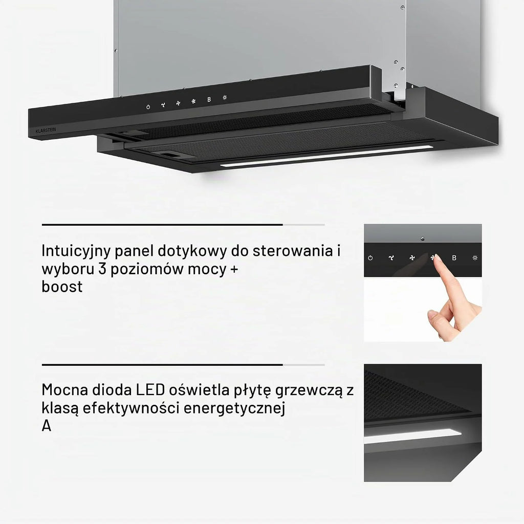 Klarstein Okap kuchenny, Velaire 60cm, podblatowy, rozkładany, 896 m³/h boost, dotykowy, klasa energetyczna A++, LED, cichy, aluminiowy i z filtrem z węglem aktywnym, blatowy kuchnia, czarny