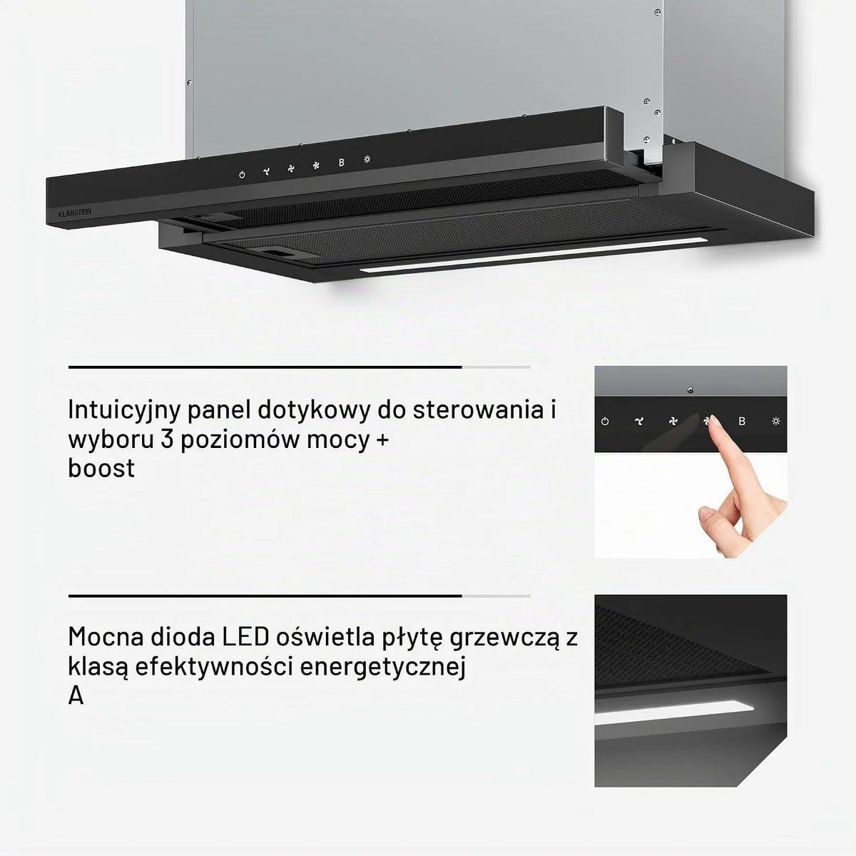 Klarstein Okap kuchenny, Velaire 60cm, podblatowy, rozkładany, 896 m³/h boost, dotykowy, klasa energetyczna A++, LED, cichy, aluminiowy i z filtrem z węglem aktywnym, blatowy kuchnia, czarny
