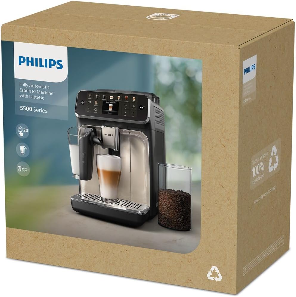 Cafetera superautomática Philips Serie 5500 – 20 bebidas, moderna pantalla táctil a color, sistema de leche LatteGo, tecnología SilentBrew, molinillo 100% cerámica, QuickStart, depósito de agua de 1,8 l, cromo blanco (EP5543/90)