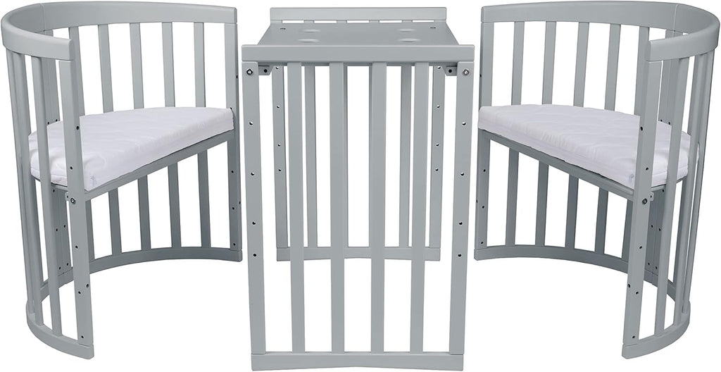 Cuna ovalada evolutiva Waldin, set completo 7 en 1, cuna de barrotes, cama infantil con colchón, cambiador, cuna colecho, madera blanca