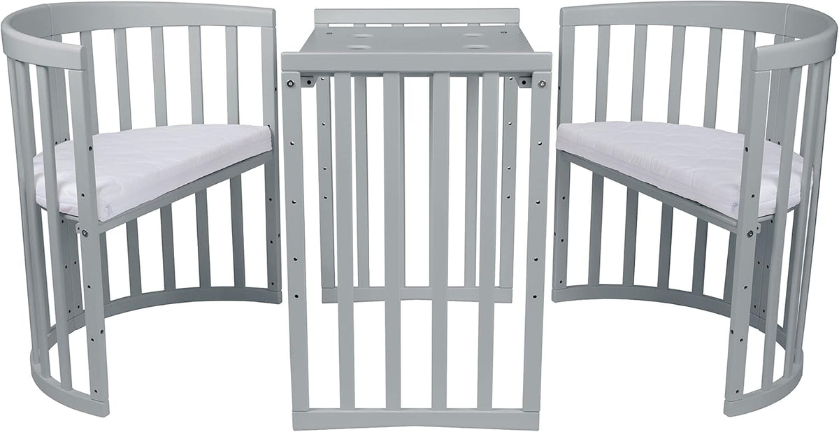Cuna ovalada evolutiva Waldin, set completo 7 en 1, cuna de barrotes, cama infantil con colchón, cambiador, cuna colecho, madera blanca
