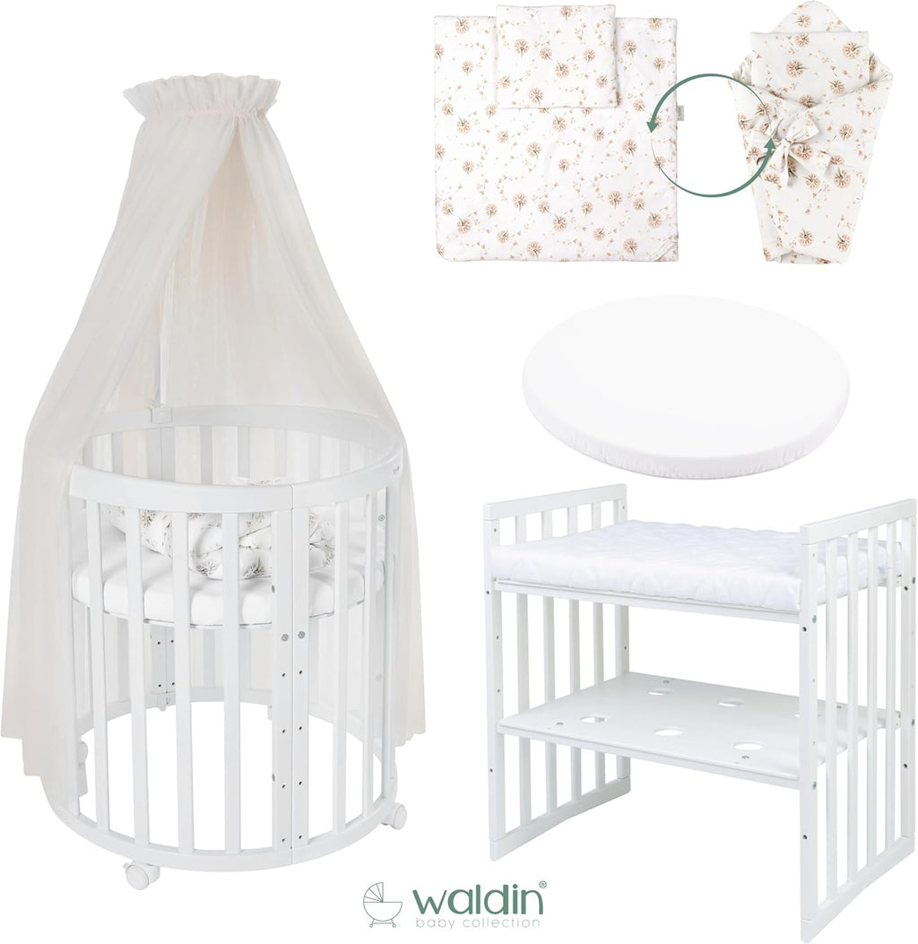 Cuna ovalada evolutiva Waldin, set completo 7 en 1, cuna de barrotes, cama infantil con colchón, cambiador, cuna colecho, madera blanca