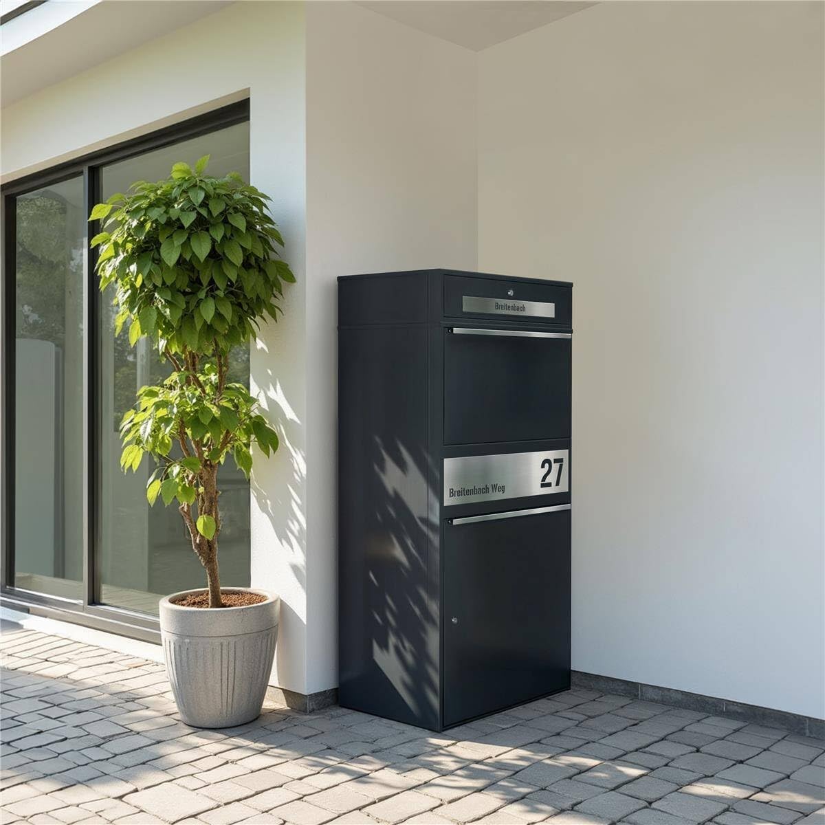 Metzler Paketbox draußen groß XXL, Briefkasten mit Paketfach in Anthrazit RAL7016, Paketbriefkasten, Standbriefkasten, Paketkasten, Personalisiert Edelstahl Namensschild Gravur, rostfrei - Bispo Max 2
