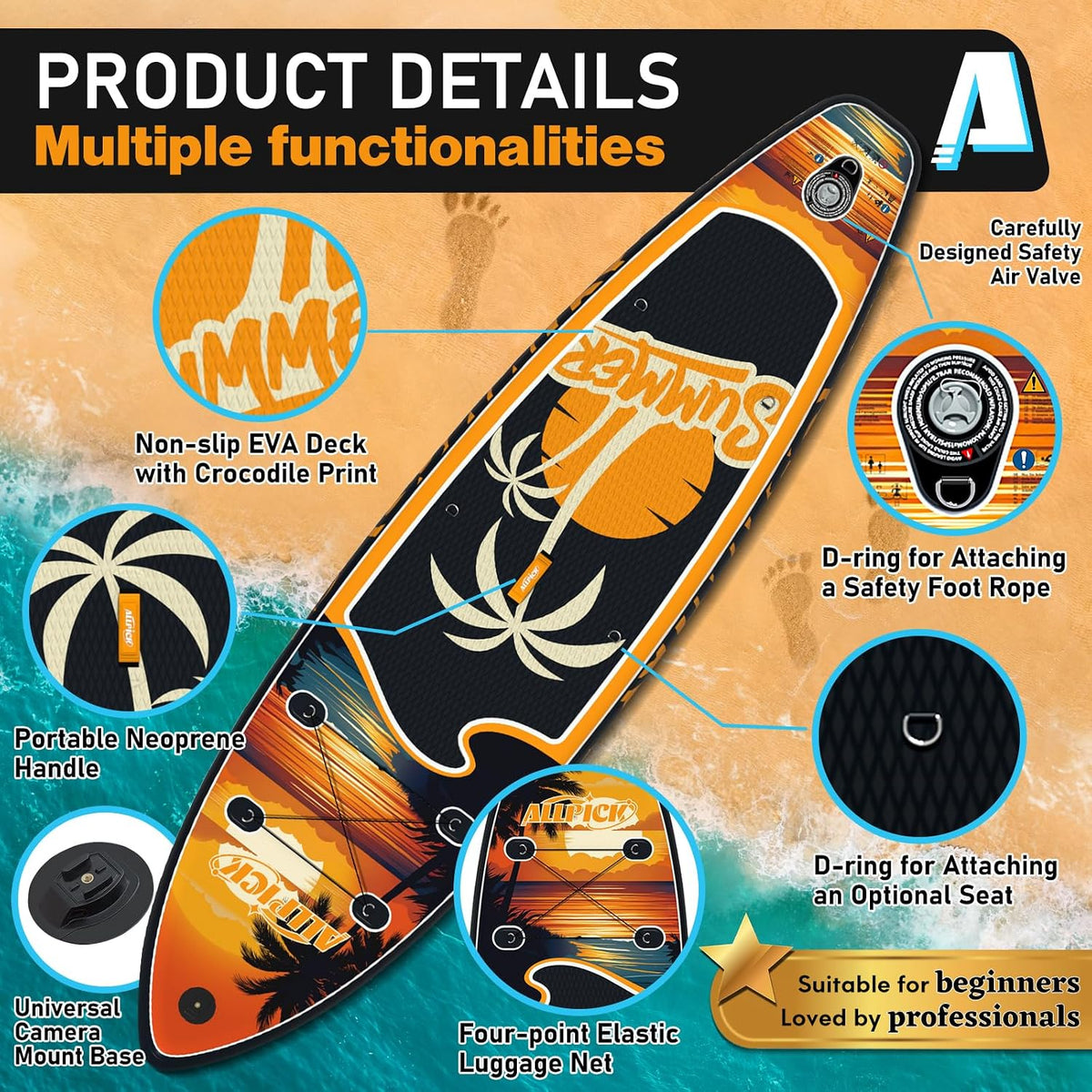 Set de tabla de paddle surf premium ALLPICK, tabla de paddle surf hinchable, con soporte universal para cámara, accesorios completos, remo ajustable, principiantes, avanzados, 200 kg