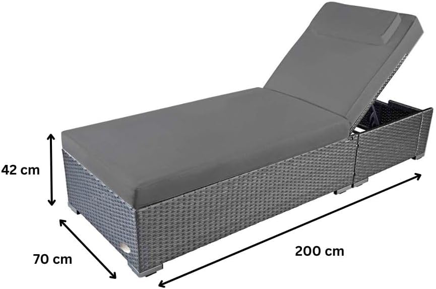 Tumbona de jardín RS Trade resistente a la intemperie de ratán sintético con ruedas – Tumbona de exterior de ratán con respaldo ajustable en varias posiciones para jardín, terraza, balcón y piscina, gris con cojín gris