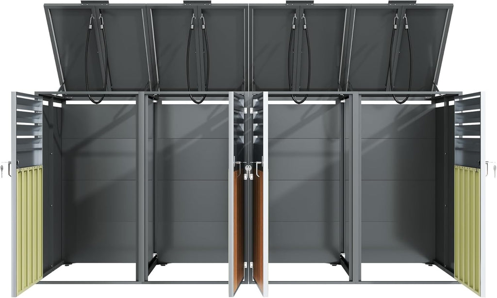 Cubo para 4 contenedores de basura de hasta 240 L con tapa abatible, ventilación con lamas, compartimentos de almacenamiento de basura, cerradura, dos puertas, caseta para jardín, revestimiento para cubos de basura, 4 contenedores