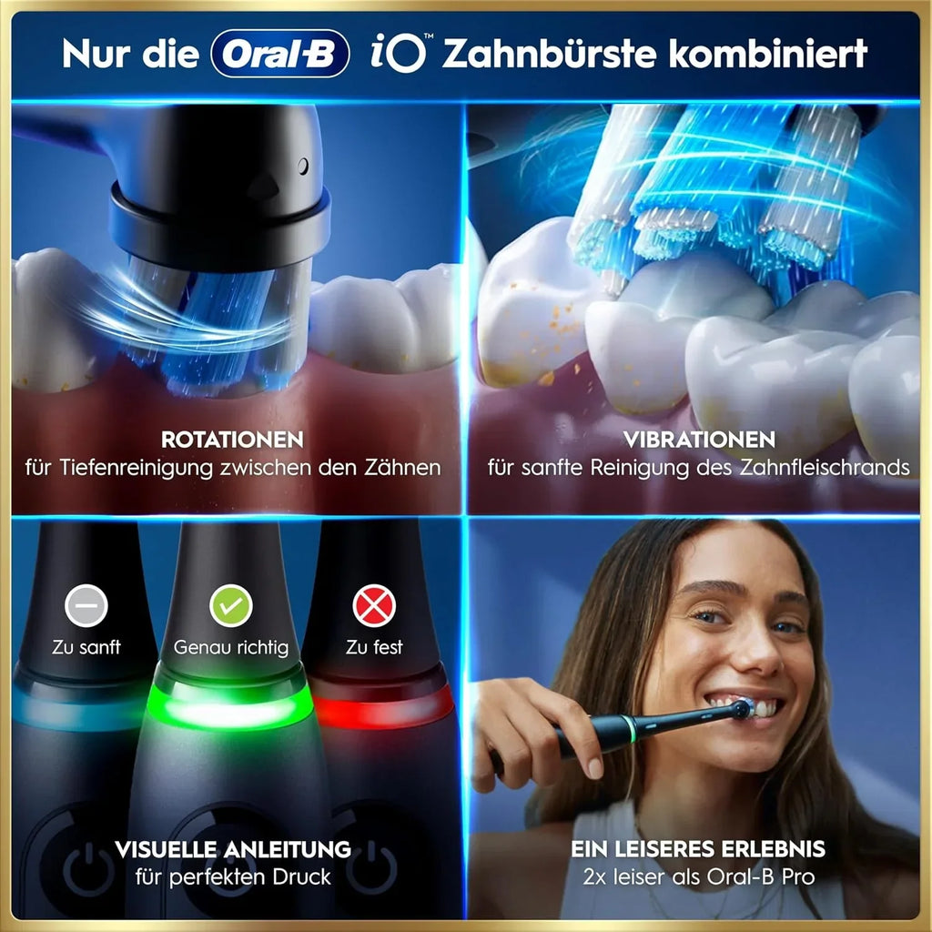 Cepillo de dientes eléctrico recargable iO Series 9 con cabezales, 7 modos de limpieza, control de presión inteligente, cabezal redondo, negro