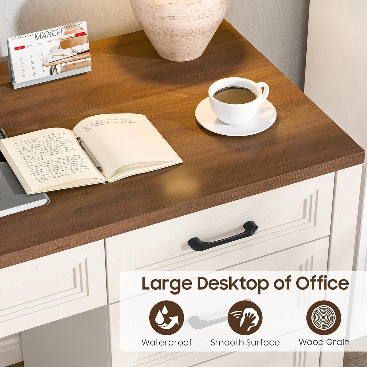 Escritorio BonVache con cajones de 120 cm, escritorio para computadora estilo granja con espacio de almacenamiento, mesa de oficina rústica de madera para oficina en casa, dormitorio y estudio, blanco