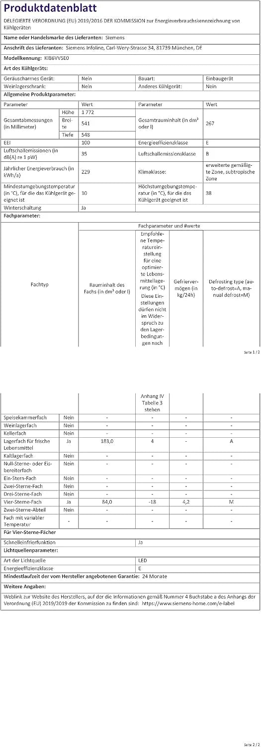 Siemens KI86VVSE0 iQ300 lodówko-zamrażarka do zabudowy/E / 229 kWh/rok / 183 l/hyperFresh system świeżości/lowFrost/oświetlenie wewnętrzne LED/bigbox/drzwi holowane