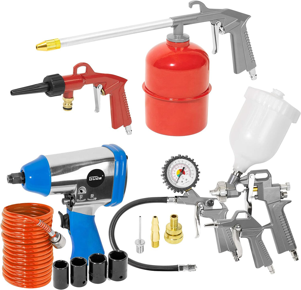 Set de compresor Güde 405/10/50 15T (lubricado por aceite, 10 bar, 2200 W, depósito de 50 l, caudal efectivo 250 l/min, 2 manómetros, 2 acoplamientos de aire comprimido, válvula de seguridad y tornillo de purga, incluye set de accesorios)