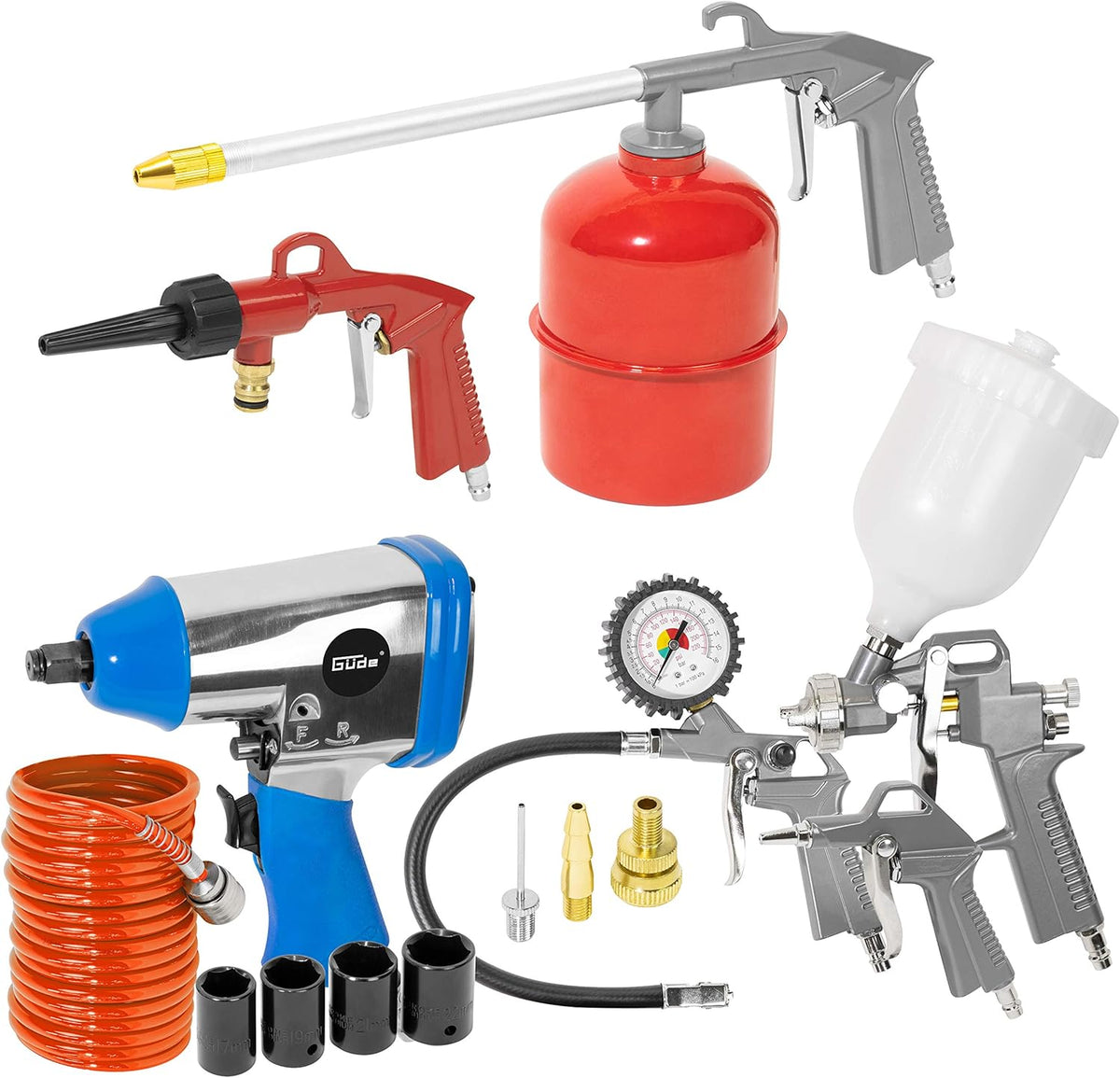 Set de compresor Güde 405/10/50 15T (lubricado por aceite, 10 bar, 2200 W, depósito de 50 l, caudal efectivo 250 l/min, 2 manómetros, 2 acoplamientos de aire comprimido, válvula de seguridad y tornillo de purga, incluye set de accesorios)