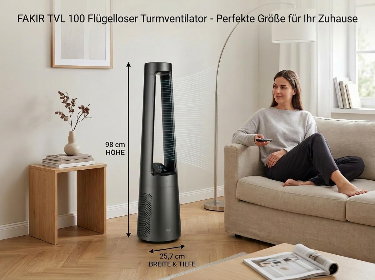 Ventilador de torre sin aspas Fakir TVL 100 - Motor CC, 12 velocidades de ventilación, 30 dB(A), oscilación de 60°, temporizador de 12h, pantalla táctil LED, mando a distancia, antracita