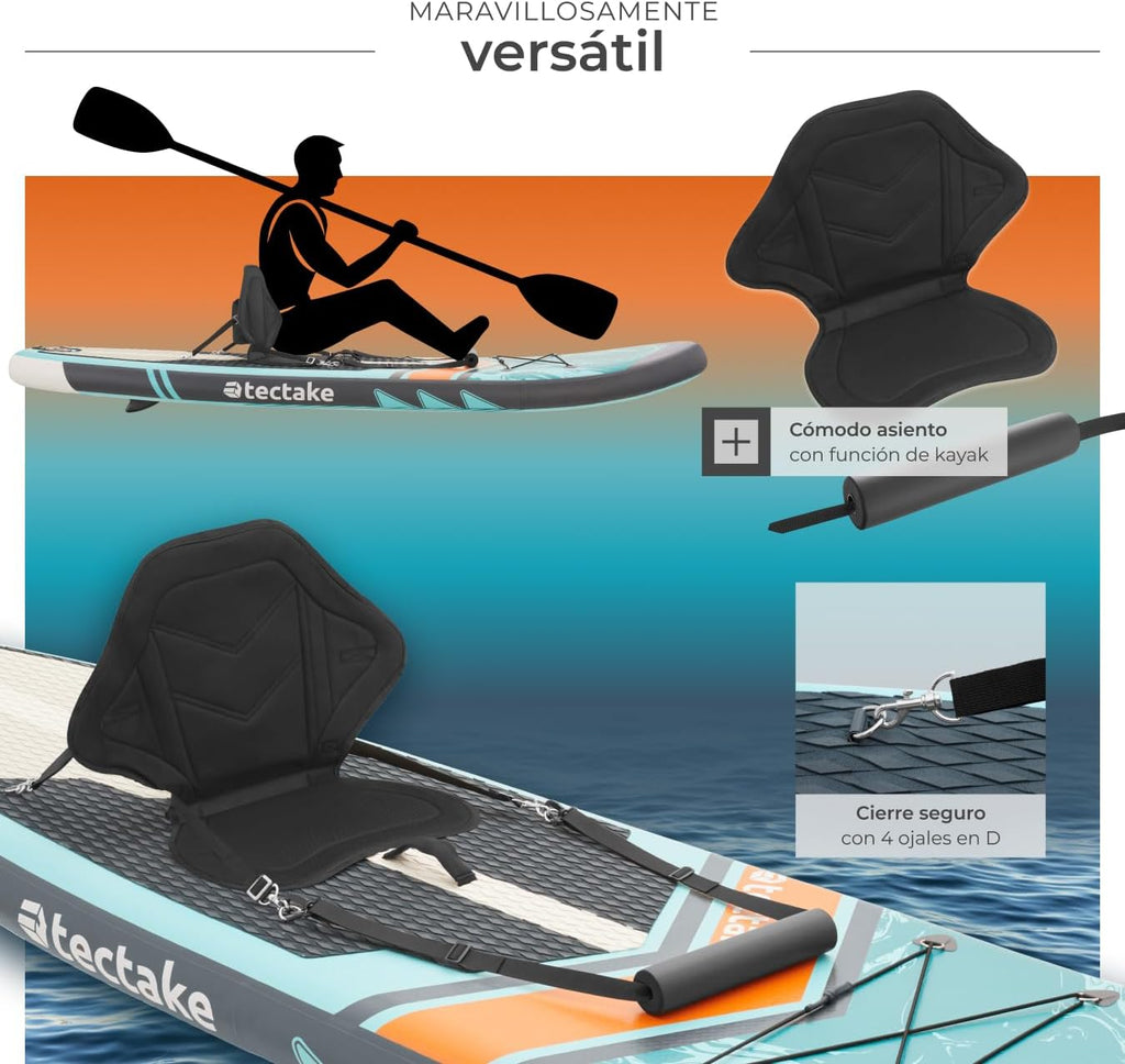 tectake® Tabla de Stand Up Paddle Hinchable, incluye remo 2 en 1, asiento de kayak, bomba de aire, mochila de transporte, Stand Up Paddle, accesorios para paddle surf, tabla hinchable