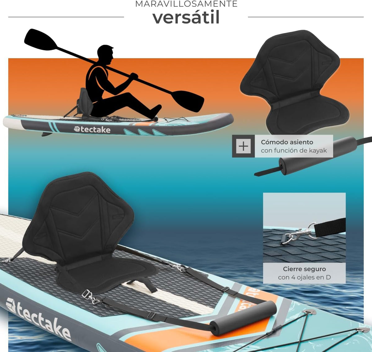 tectake® Tabla de Stand Up Paddle Hinchable, incluye remo 2 en 1, asiento de kayak, bomba de aire, mochila de transporte, Stand Up Paddle, accesorios para paddle surf, tabla hinchable
