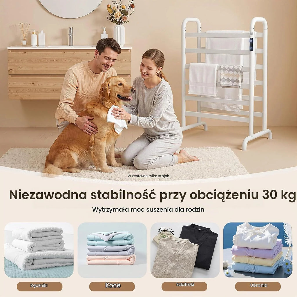 Elektryczny grzejnik na ręczniki, wieszak na ręczniki, bez wiercenia, timer 1-24 h, 45-60 °C, 180 W, biały, dwupoziomowy, wolnostojący ogrzewacz na ręczniki do łazienki do 30 kg, 60 x 43 x 90,5
