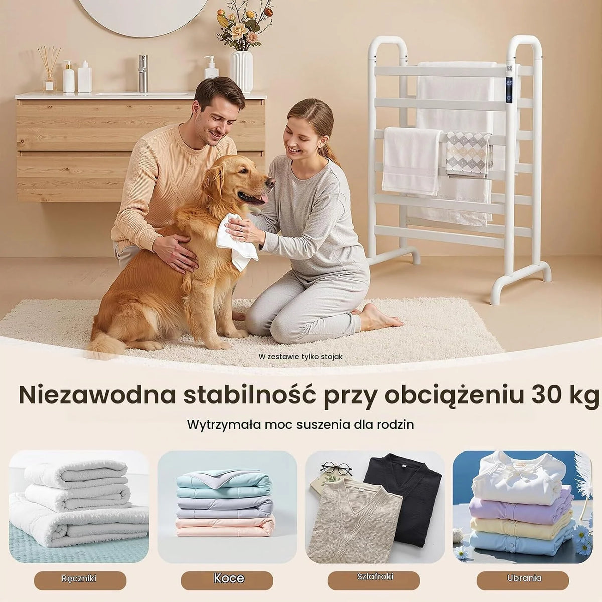 Elektryczny grzejnik na ręczniki, wieszak na ręczniki, bez wiercenia, timer 1-24 h, 45-60 °C, 180 W, biały, dwupoziomowy, wolnostojący ogrzewacz na ręczniki do łazienki do 30 kg, 60 x 43 x 90,5