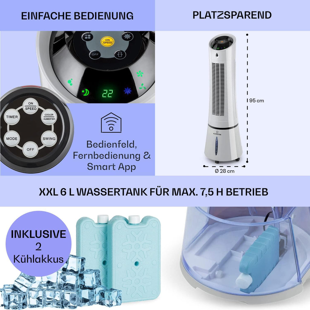 Klarstein 4 en 1: Enfriador de aire inteligente, ventilador, humidificador e ionizador I Depósito de agua de 6 L, oscilación, 30 W, 210 m³/h, temporizador I Aire acondicionado sin tubo de escape, aire acondicionado portátil, negro-oro rosa