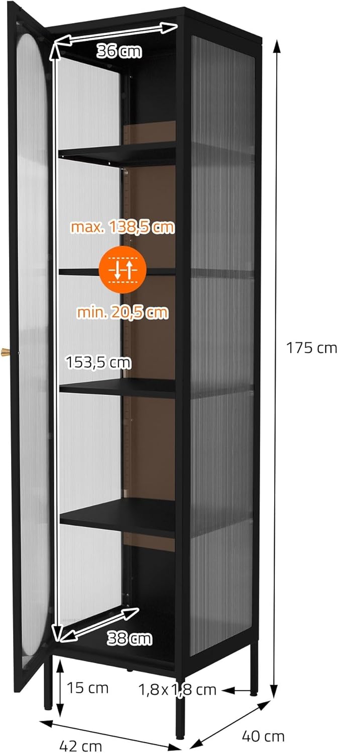Vitrina ML-Design 42x175x40 cm, negra, vitrina estrecha con 5 estantes y 1 puerta, armario de metal y acero para salón, estilo industrial, armario alto, estantería para libros, archivador, armario de oficina