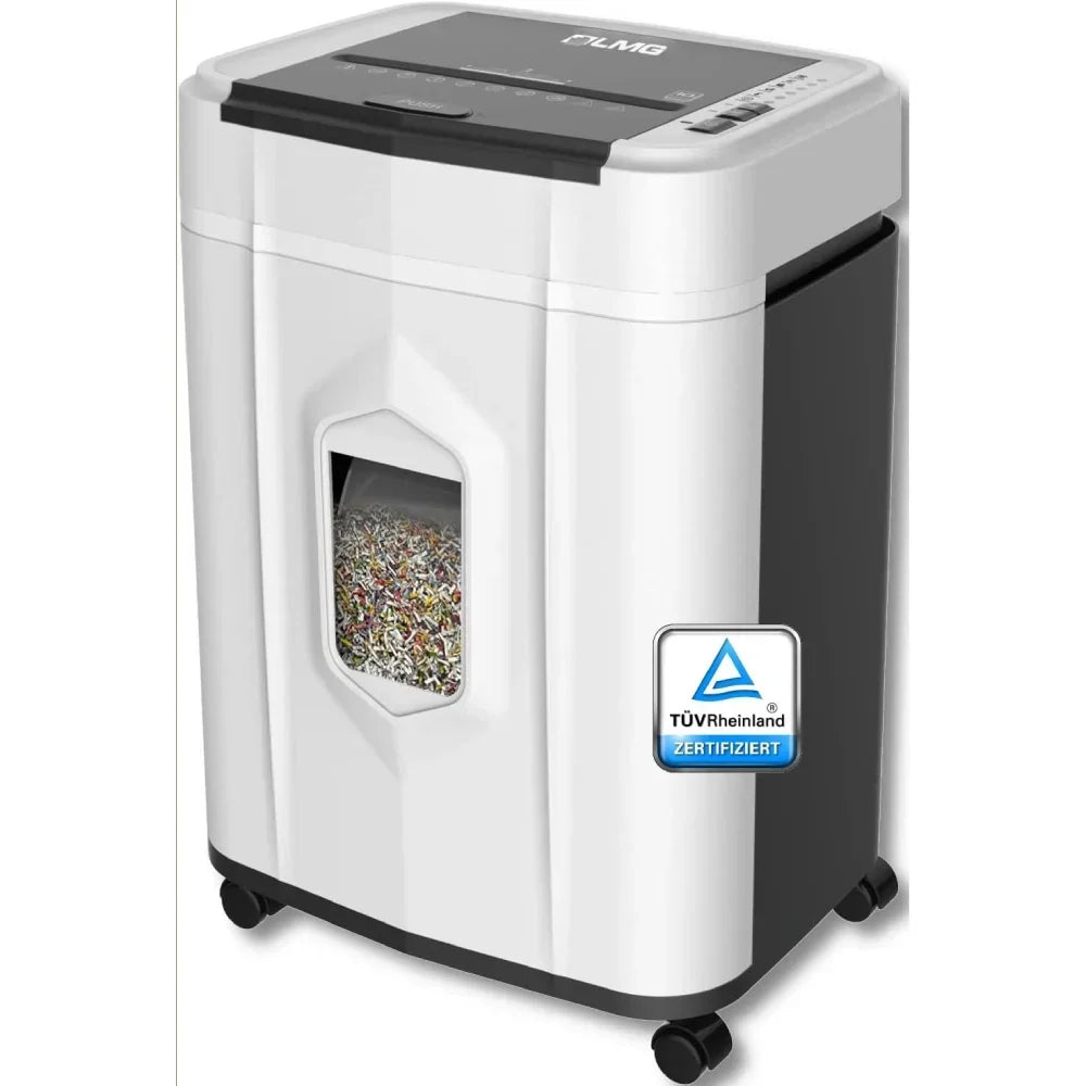 Destructora de documentos con alimentación automática de 120 hojas, corte en partículas P4, funcionamiento continuo de 60 minutos, depósito de 25 L y sistema anti-atasco