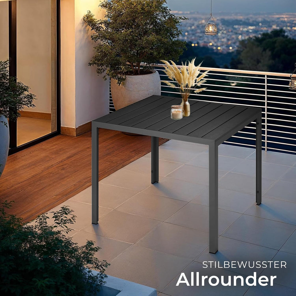 tectake® Mesa de jardín, mesa de comedor exterior, mesa de balcón con aspecto de madera, mesa de terraza con marco de aluminio, muebles de jardín resistentes a la intemperie, 90x90x74,5 cm, mesa para jardín, salón, conjunto de asientos - negro