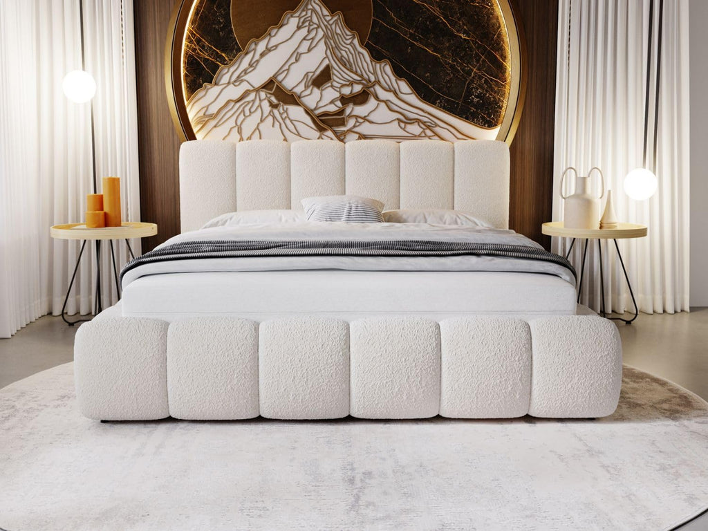 Cama tapizada GRAINGOLD Cloud 180x200 con arcón, cama tapizada con espacio de almacenamiento, tela de bouclé, con somier, con cabecero, sin colchón (beige, 180x200)