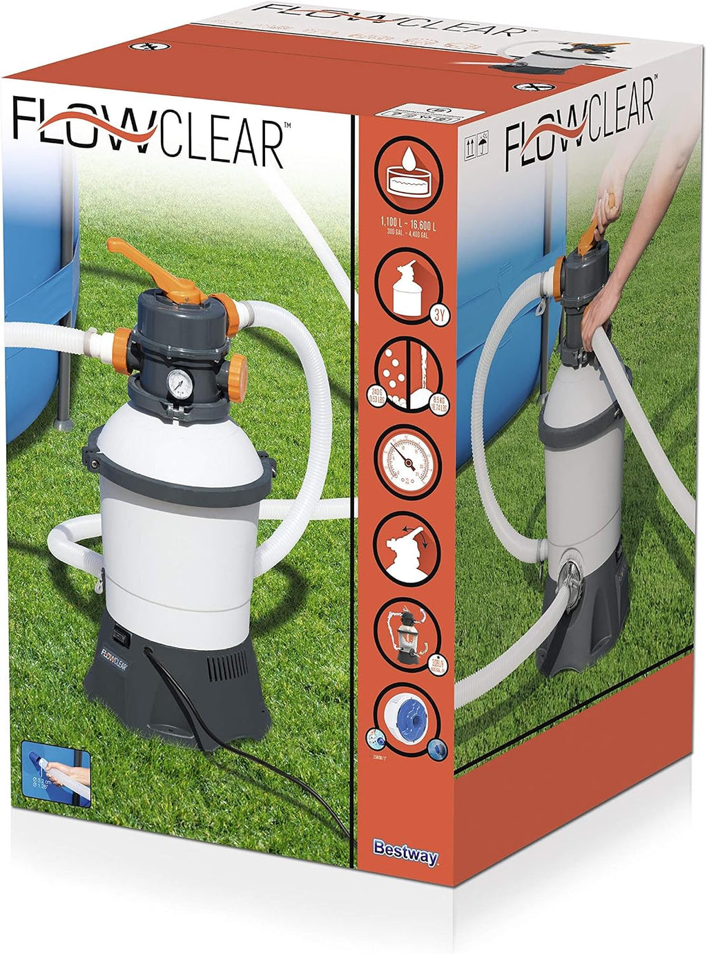 Sistema de filtro de arena 58515 para piscina elevada, capacidad de filtrado de 3028 l/h, 220 V, con dosificador ChemConnect y accesorios para piscina