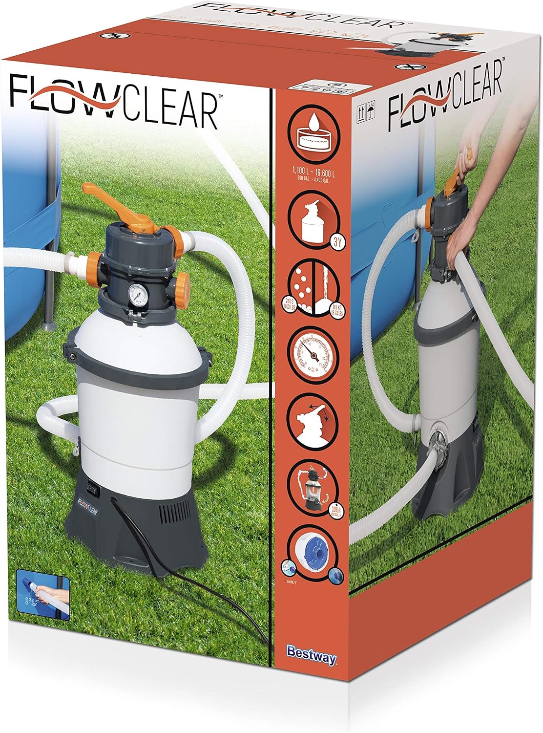 Sistema de filtro de arena 58515 para piscina elevada, capacidad de filtrado de 3028 l/h, 220 V, con dosificador ChemConnect y accesorios para piscina