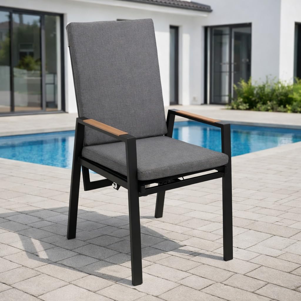 Sillón de jardín DEGAMO Bilbao con respaldo alto, aluminio resistente a la intemperie color antracita, reposabrazos con efecto madera, reclinable sin niveles, cojines grises, resistente a la intemperie, exterior