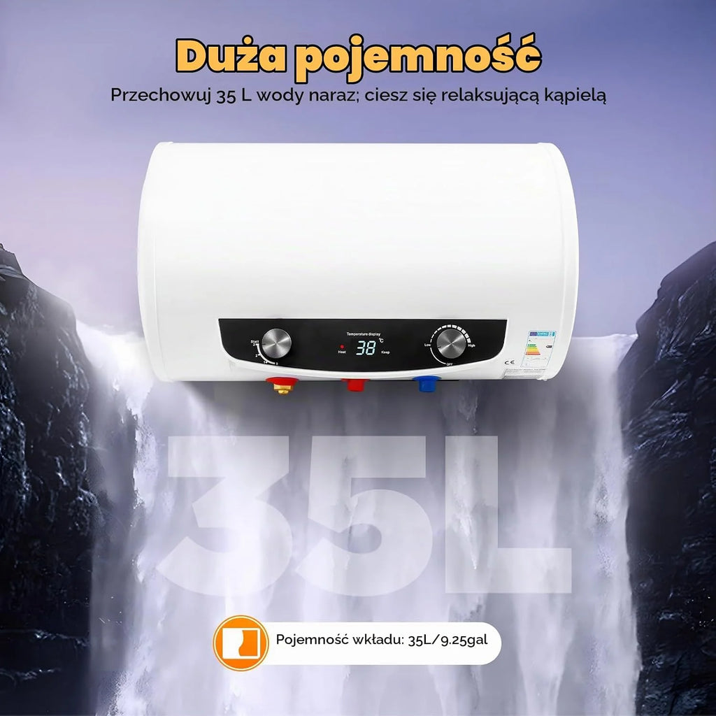 Elektryczny zbiornik ciepłej wody o pojemności 35 l, moc grzewcza 2000 W, bojler ciepłej wody, ochrona przed wyciekiem, ulepszone poziome zawieszenie ścienne 25-75°C bojler wodny [klasa