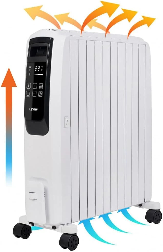 Yoer Inferno OFR1025W, Elektryczny grzejnik olejowy, 2500W, Efekt komina, Wi-Fi, Pilot, 10 żeberek, Kółka, Nawijacz na przewód, biały