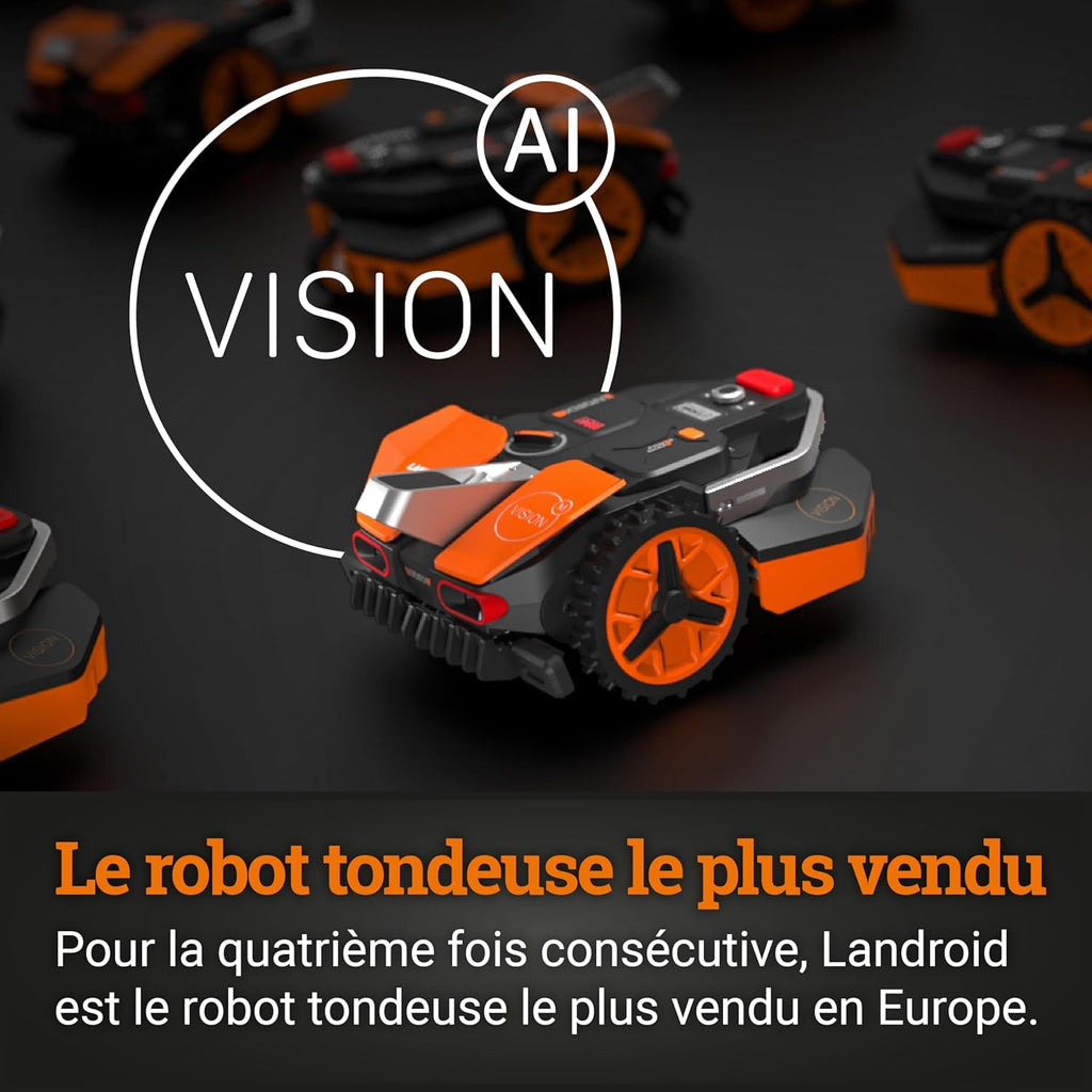 WORX LANDROID Vision WR202E, Robot cortacésped inalámbrico sin cable perimetral, 250 m² (máx. 350 m²), instalación en 30 min, cámara 4K + IA adaptativa, evita todos los obstáculos, corte de bordes, multizona