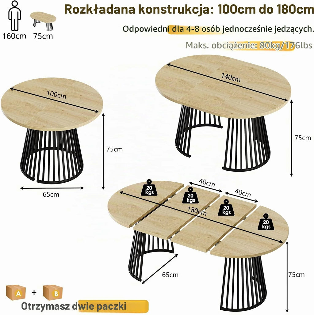 Wysuwany owalny stół jadalny,Okrągły drewniany stół rozkładany dla 4-8 osób Rozszerzony stół kuchenny do salonu i jadalni, sali konferencyjnej, 100-180 x 100 x 75 cm, wysłane w 2 opakowaniach